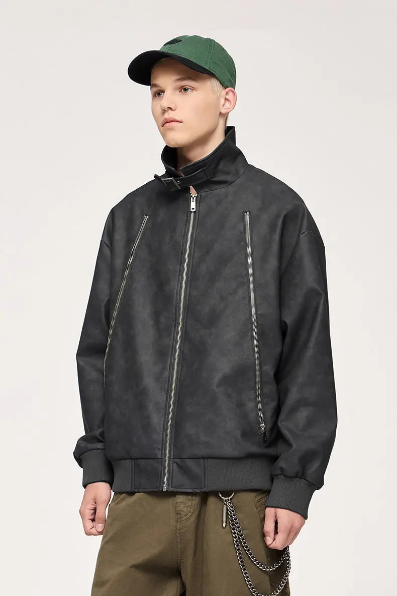 DOUBLE ZIPPER PU LEAHTER JACKET TIO